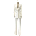 White women's pantsuit with blazer and flare trousers on mannequin, elegant formal suit