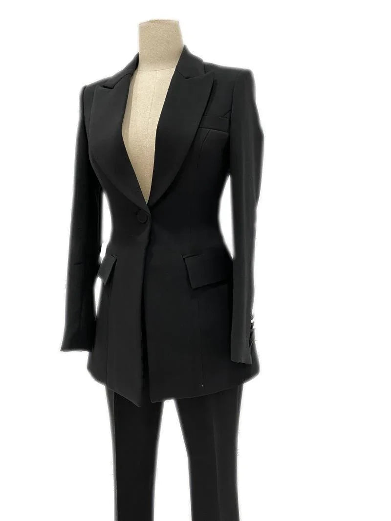Black women's micro flare low-neck pantsuit with blazer and trousers on mannequin