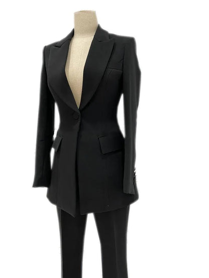 Black women's micro flare low-neck pantsuit with blazer and trousers on mannequin