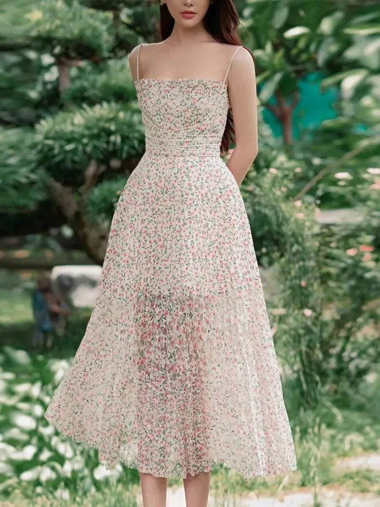 Mid-Length Pleated Print Waist Dress -Guocali