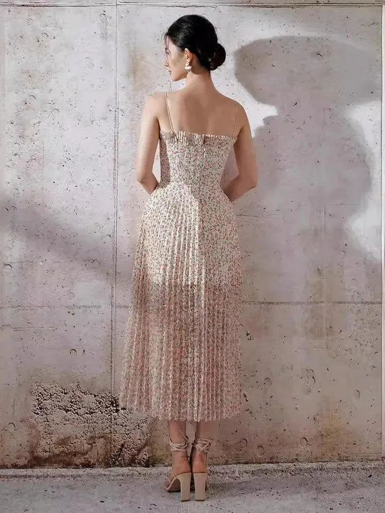 Mid-Length Pleated Print Waist Dress -Guocali