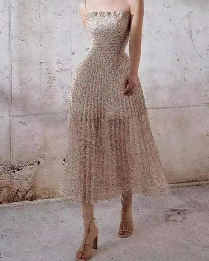 Mid-Length Pleated Print Waist Dress -Guocali