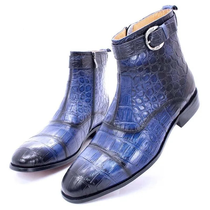 Blue crocodile pattern men's ankle boots with buckle and side zipper