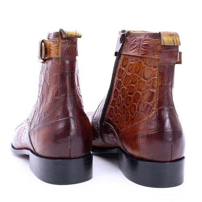 Brown crocodile pattern leather men's ankle boots with side zipper and buckle detail