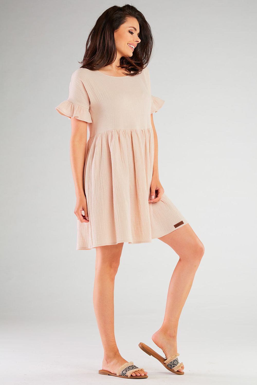 Mini Dress – Round Neck, Flutter Sleeves & Loose Flared Skirt – Daydress | GUOCALI – view 2