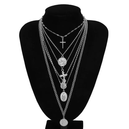 Multi-Layer Pendant Necklace - Cross and Virgin Mary -Guocali