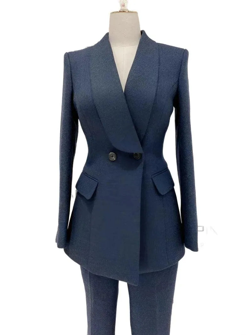 Navy Blue Double-Breasted Pant Suit - Woolen Trouser suit -Guocali