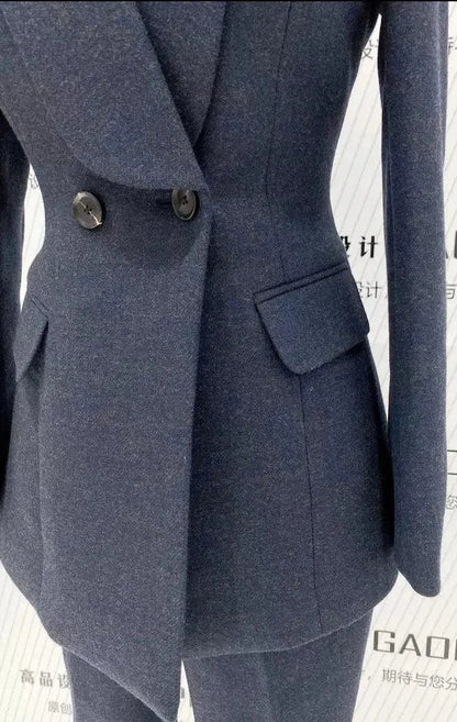Navy Blue Double-Breasted Pant Suit - Woolen Trouser suit -Guocali