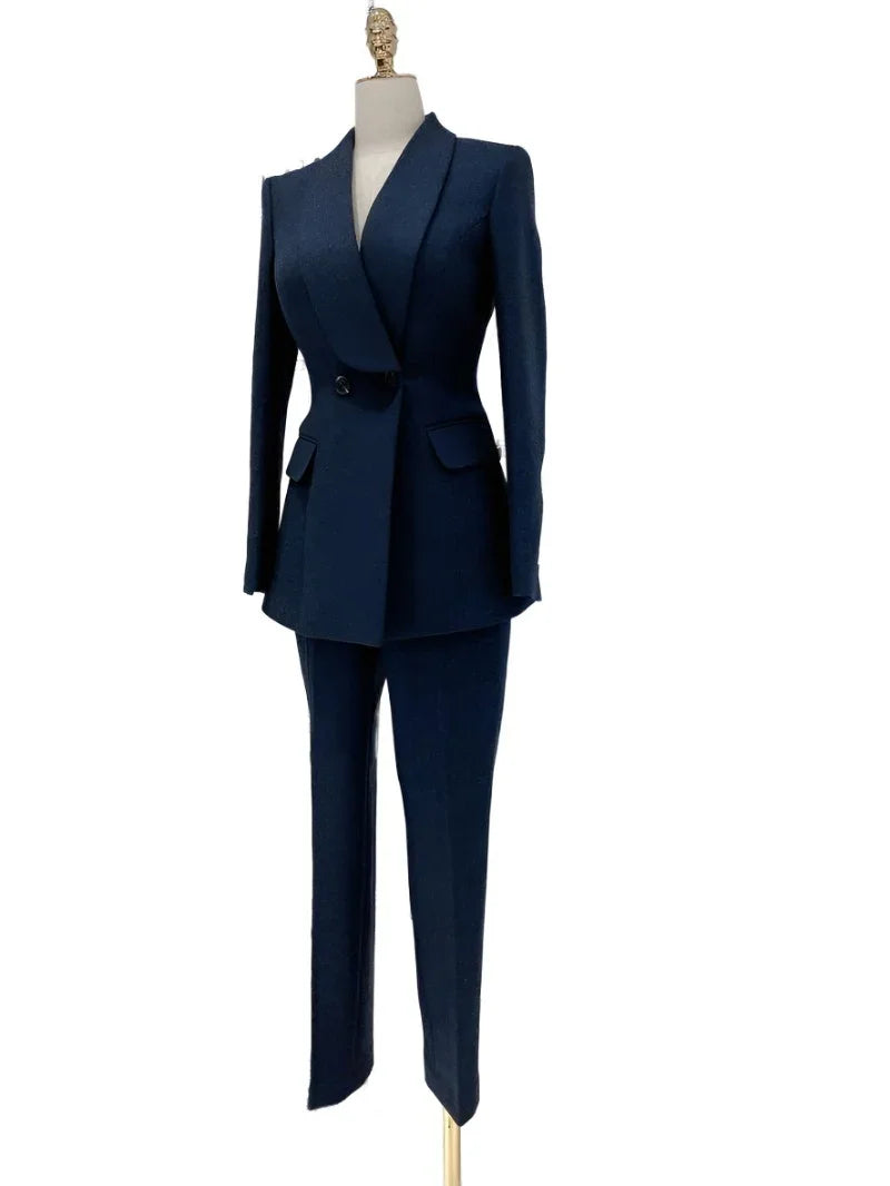 Navy Blue Double-Breasted Pant Suit - Woolen Trouser suit -Guocali