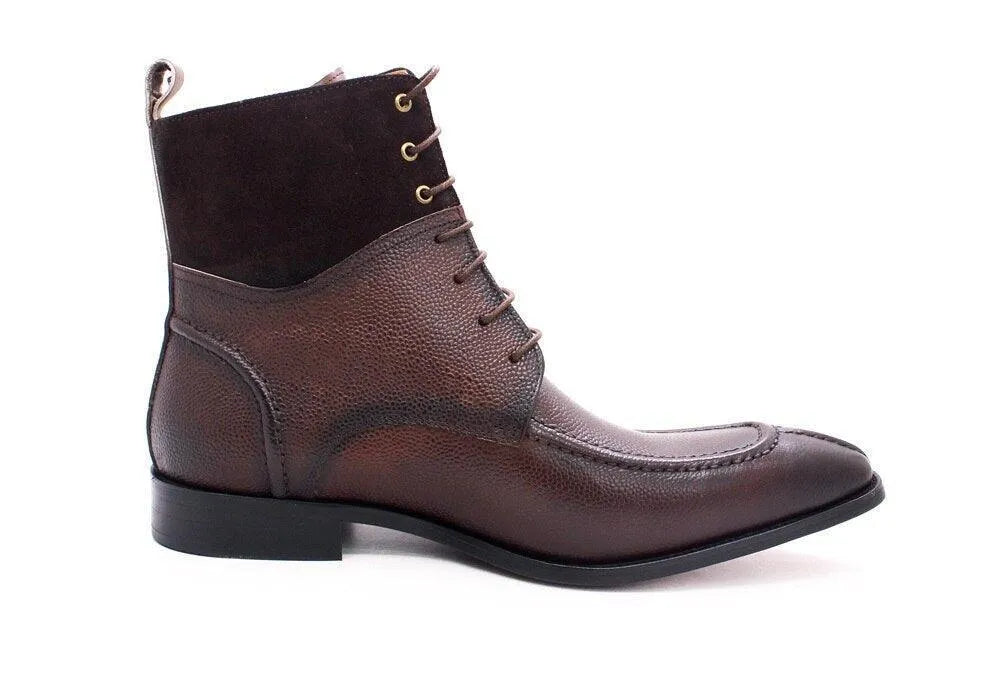 Brown leather lace-up ankle boot with smooth toe and textured upper on white background
