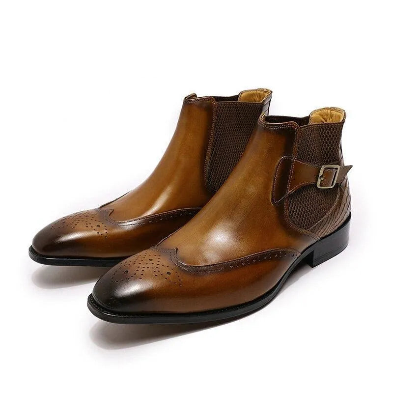 Men's brown leather slip-on ankle dress boots with brogue detailing and side buckle