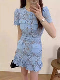 O-Neck Lace Button Party Dress -Guocali