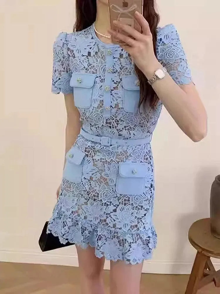 O-Neck Lace Button Party Dress -Guocali