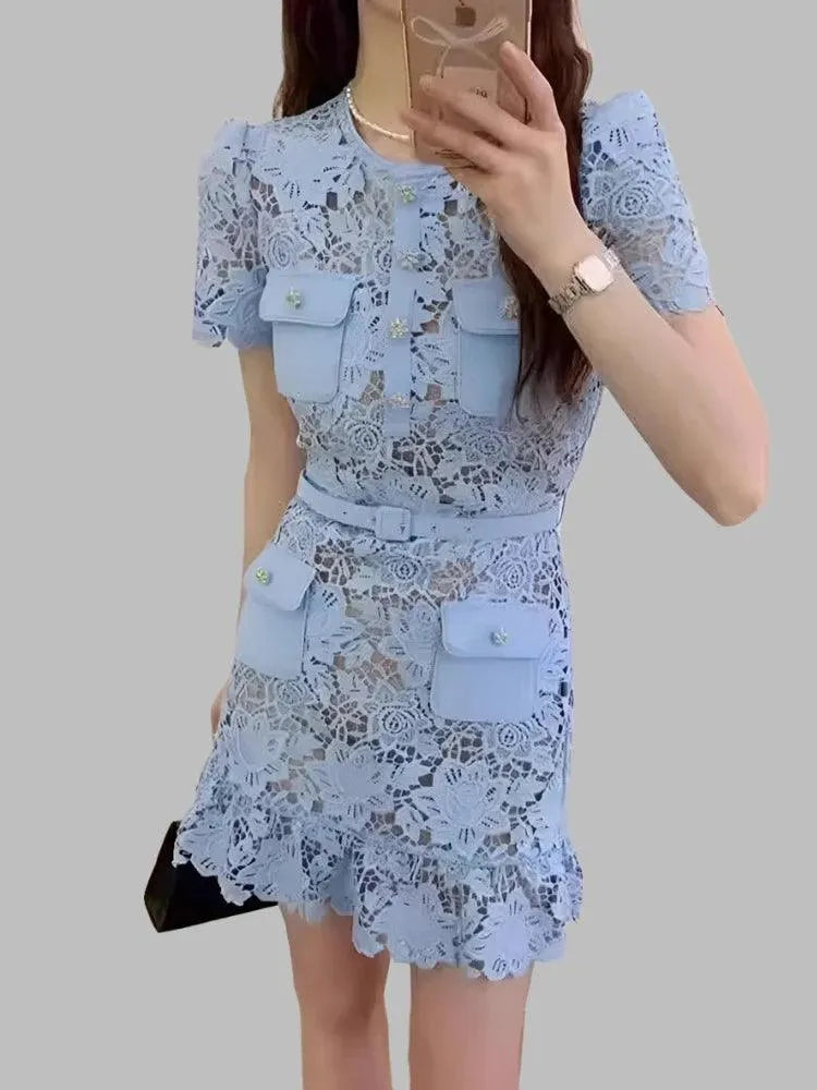 O-Neck Lace Button Party Dress -Guocali