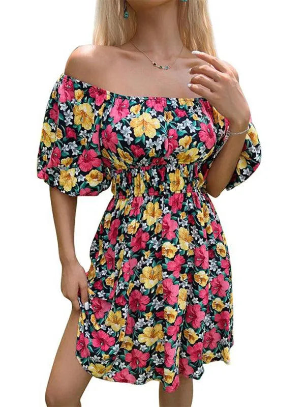 Off-Shoulder Ruffle Printed Dress -Guocali