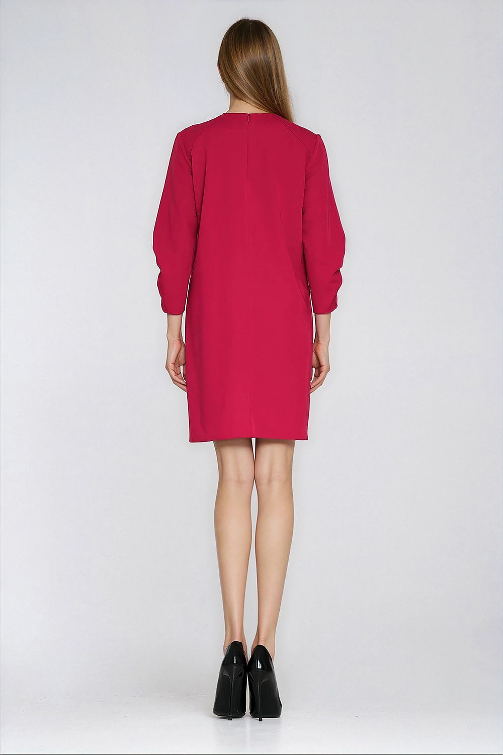 Office A-Line Dress – Round Neck, Three-Quarter Sleeves, Red – Daydress | GUOCALI – view 3