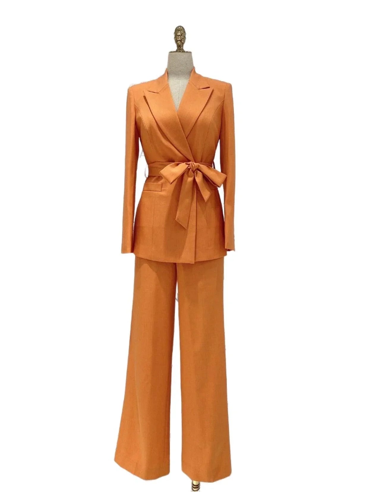 Orange Women Pant Suit - Wide Leg Belted Trouser Suit -Guocali