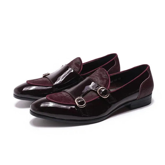 men monk strap shoes - patent leather, leather, rubber