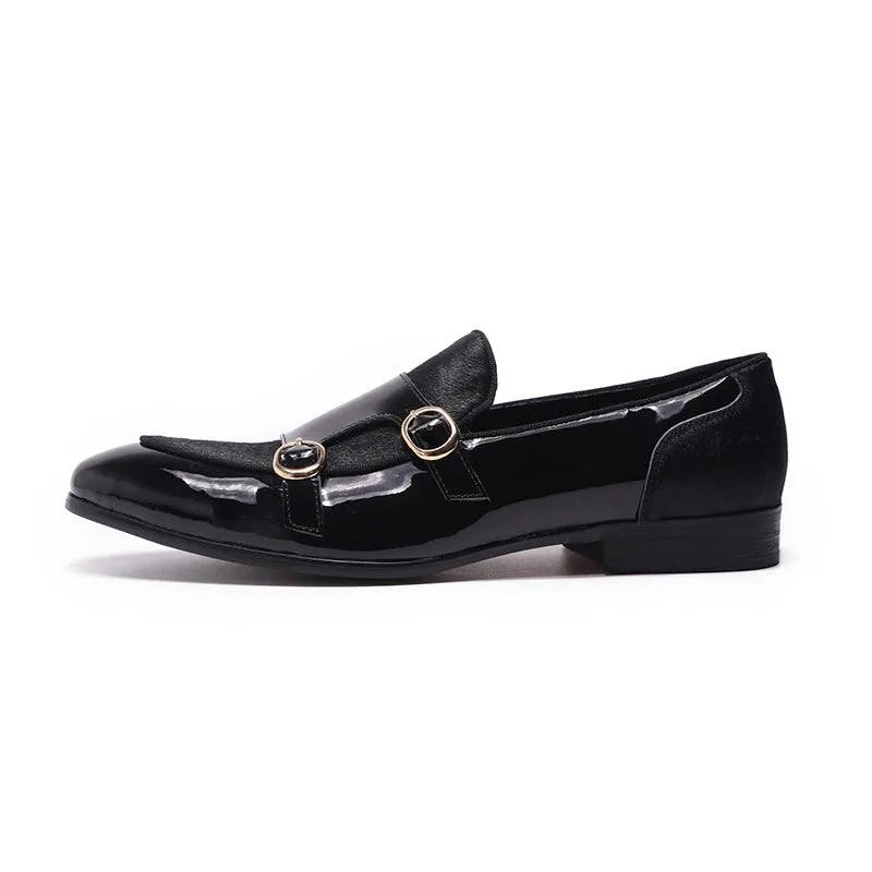 men monk strap shoes - patent leather, leather, rubber
