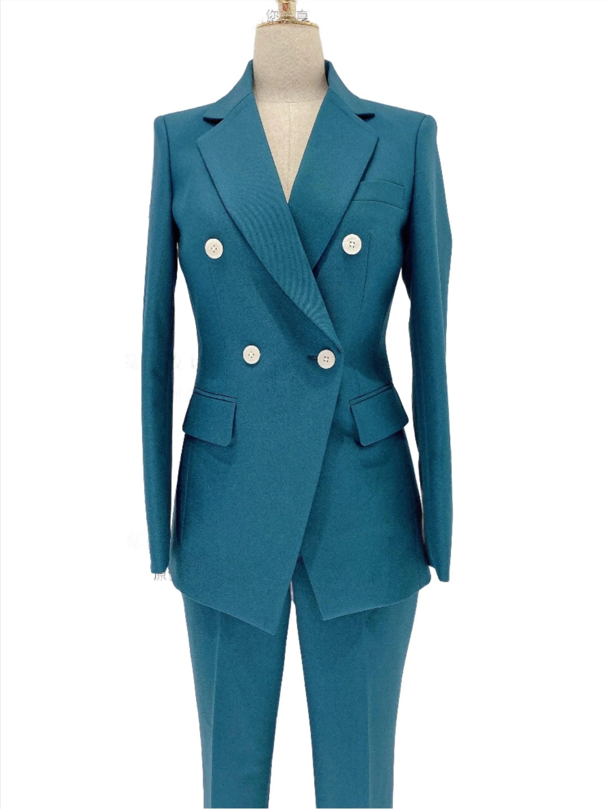 Peacock Blue Pant Suit - Women Two-Piece Trouser Suit -Guocali