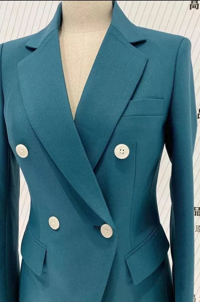 Peacock Blue Pant Suit - Women Two-Piece Trouser Suit -Guocali