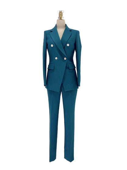 Peacock Blue Pant Suit - Women Two-Piece Trouser Suit -Guocali