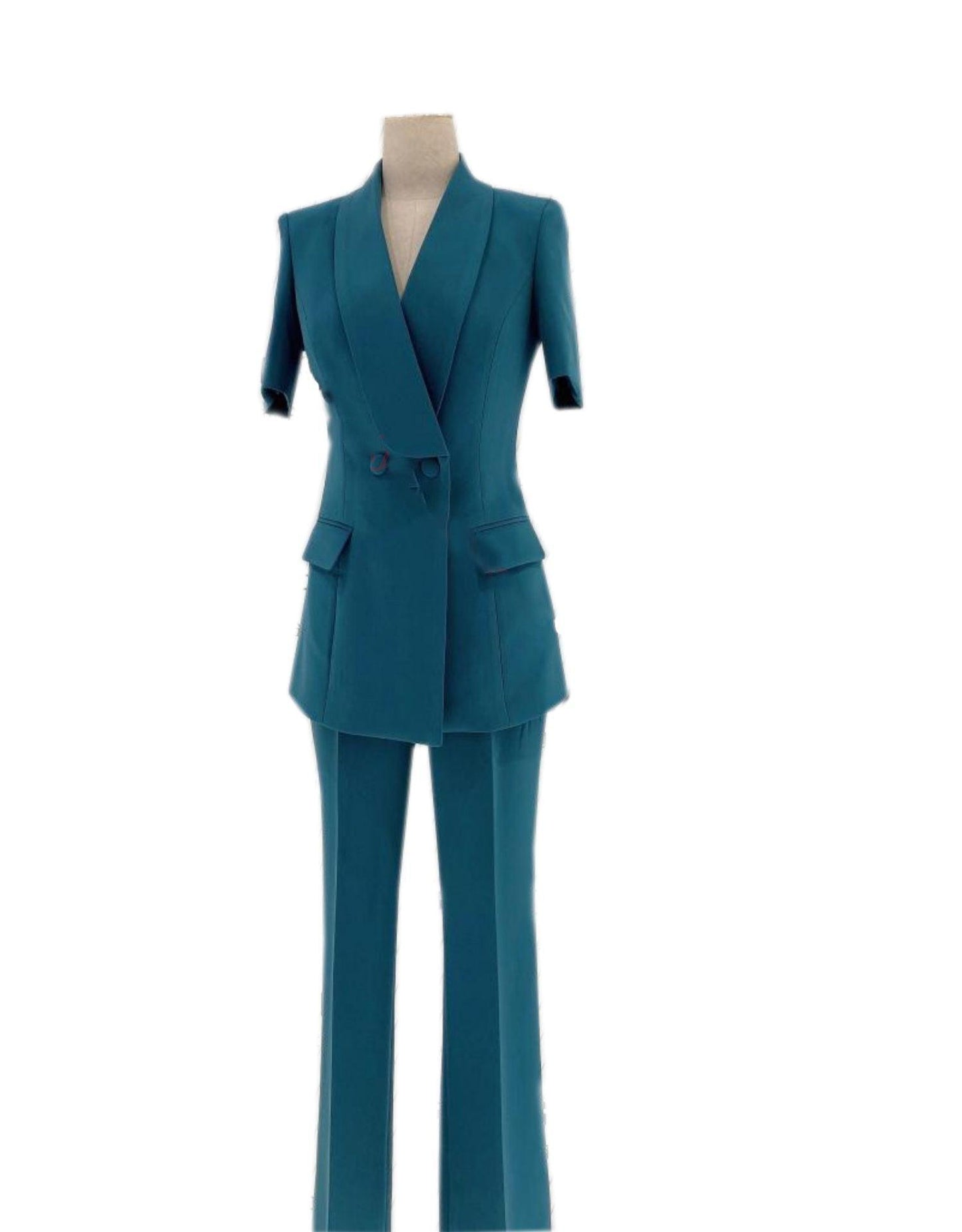 Peacock Blue Short-Sleeved Pantsuit - Women Trouser Suits - Trouser Suit - Pantsuit - Guocali