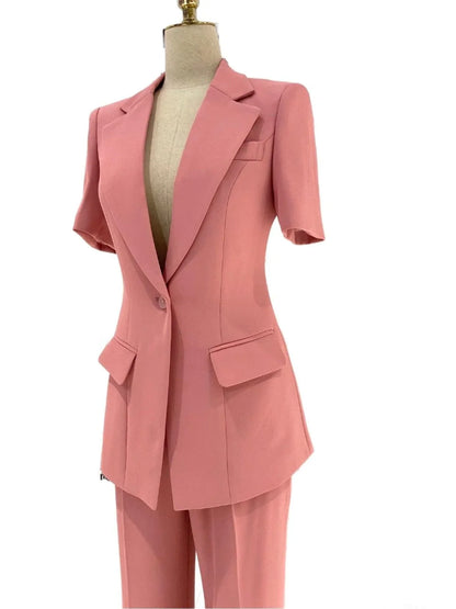 Pink Short-Sleeved Women Pant Suit, Thin Fabric Wide-Leg Pants -Guocali