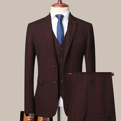 Plaid 3-Piece Men’s Suit - Business Style Elegance -Guocali
