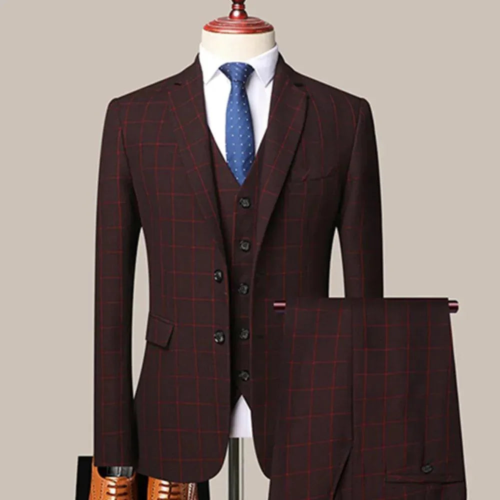 Plaid 3-Piece Men’s Suit - Business Style Elegance -Guocali