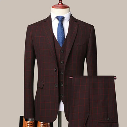 Plaid 3-Piece Men’s Suit - Business Style Elegance -Guocali