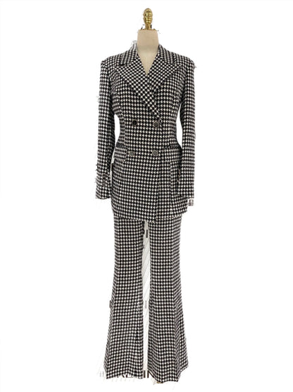 Plaid Double Breasted Women Pant Suit -Guocali