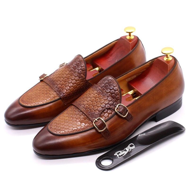 Plaid Monk Strap Leather Loafers - Men Shoes - Loafer Shoes - Guocali