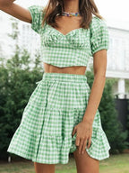 Plaid Top Backless Tie Skirt Set -Guocali