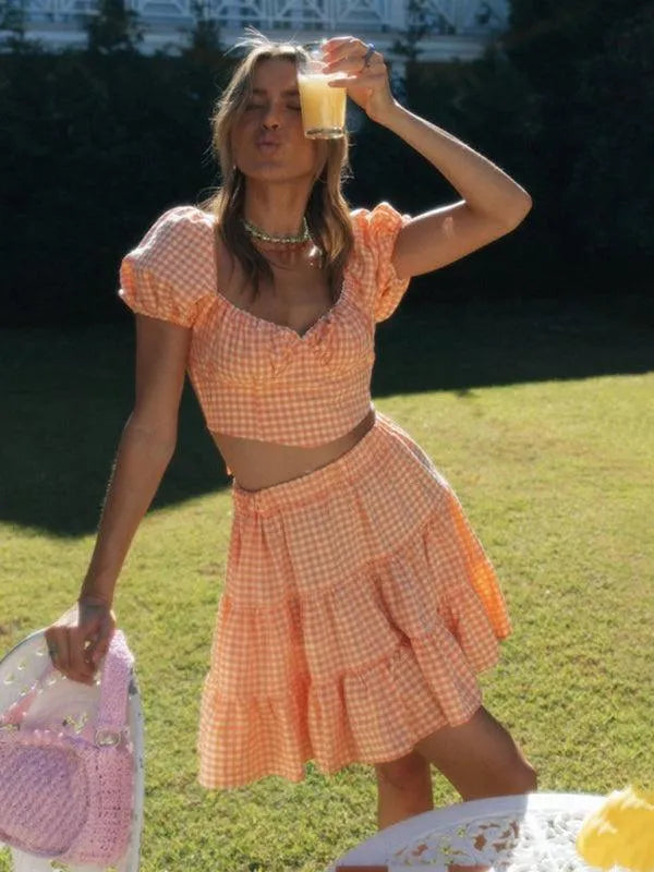 Plaid Top Backless Tie Skirt Set -Guocali