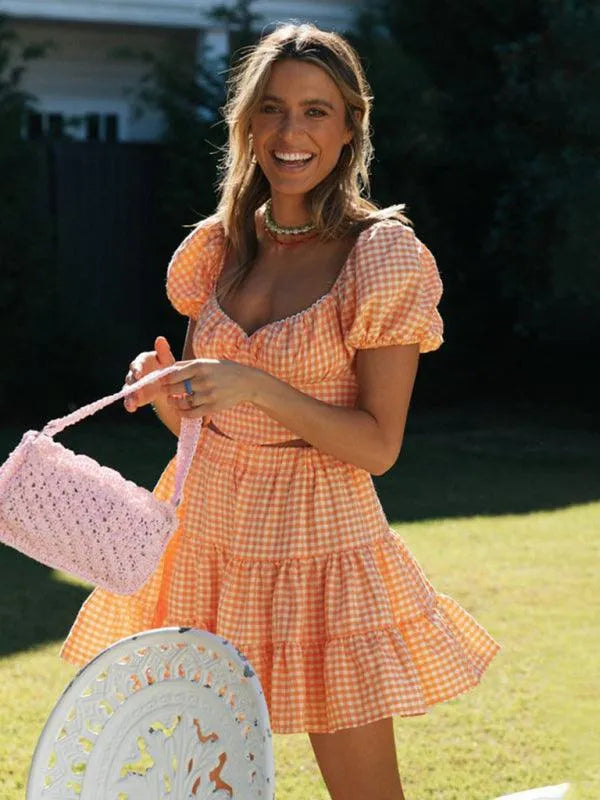 Plaid Top Backless Tie Skirt Set -Guocali