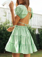 Plaid Top Backless Tie Skirt Set -Guocali