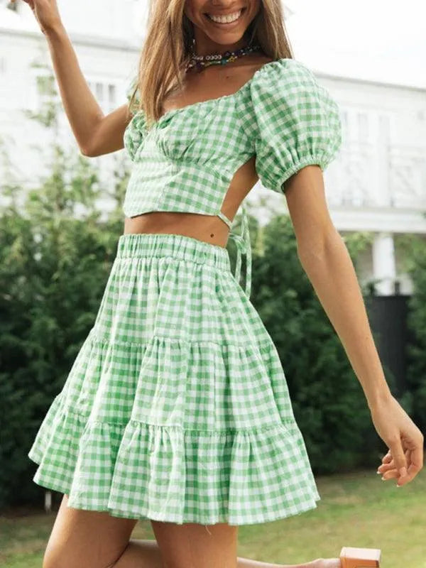 Plaid Top Backless Tie Skirt Set -Guocali