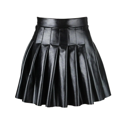 Pleated Leather Mini Skirt - Flared Skirts, Girls - Mini Skirt - Guocali