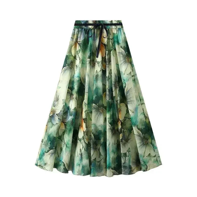 Print Skirt Lace Up Waist -Guocali