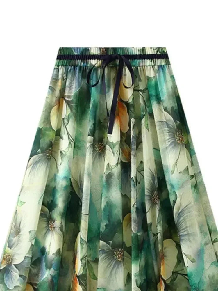 Print Skirt Lace Up Waist -Guocali