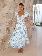 Printed Puff Sleeve Swing Summer Dress