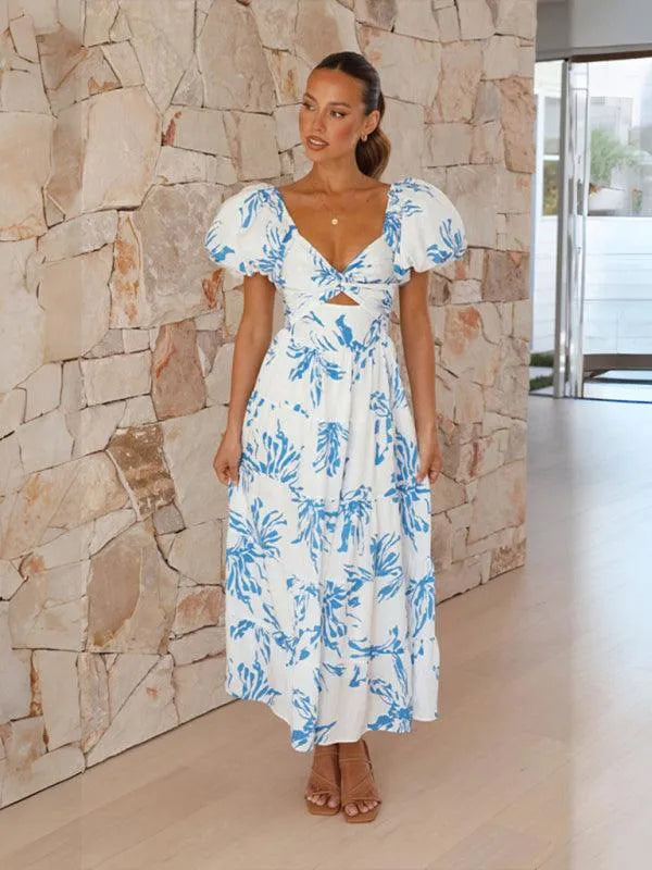 Printed Puff Sleeve Swing Summer Dress