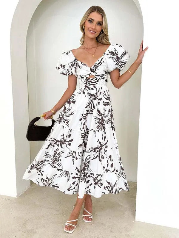 Printed Puff Sleeve Swing Summer Dress