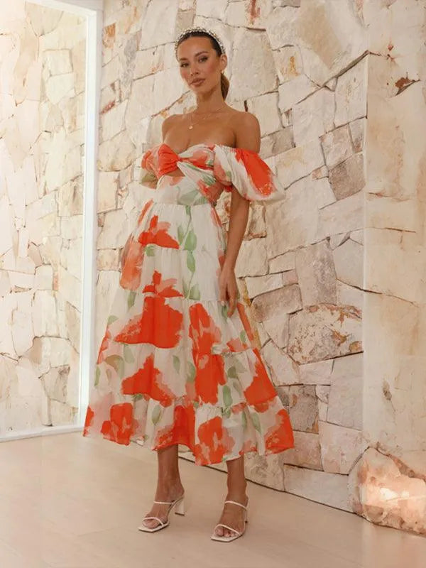 Printed Puff Sleeve Swing Summer Dress