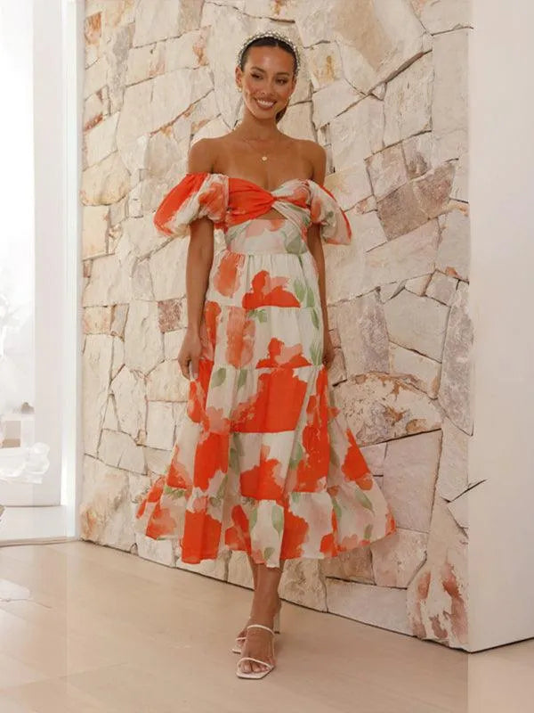 Printed Puff Sleeve Swing Summer Dress