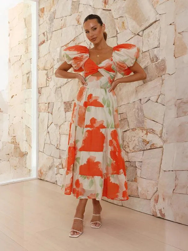 Printed Puff Sleeve Swing Summer Dress