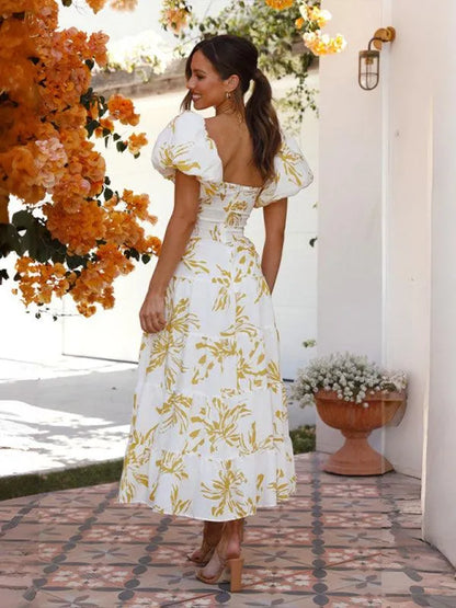 Printed Puff Sleeve Swing Summer Dress -Guocali