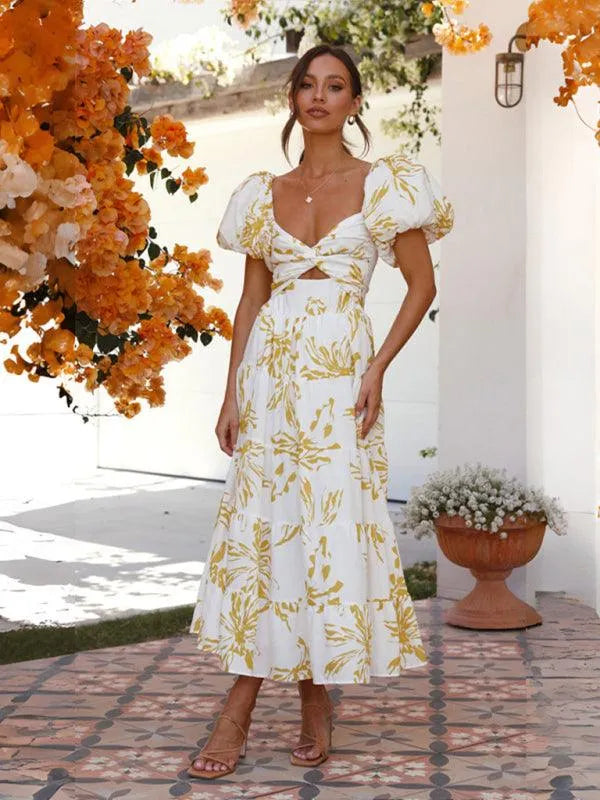 Printed Puff Sleeve Swing Summer Dress