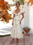 Printed Puff Sleeve Swing Summer Dress